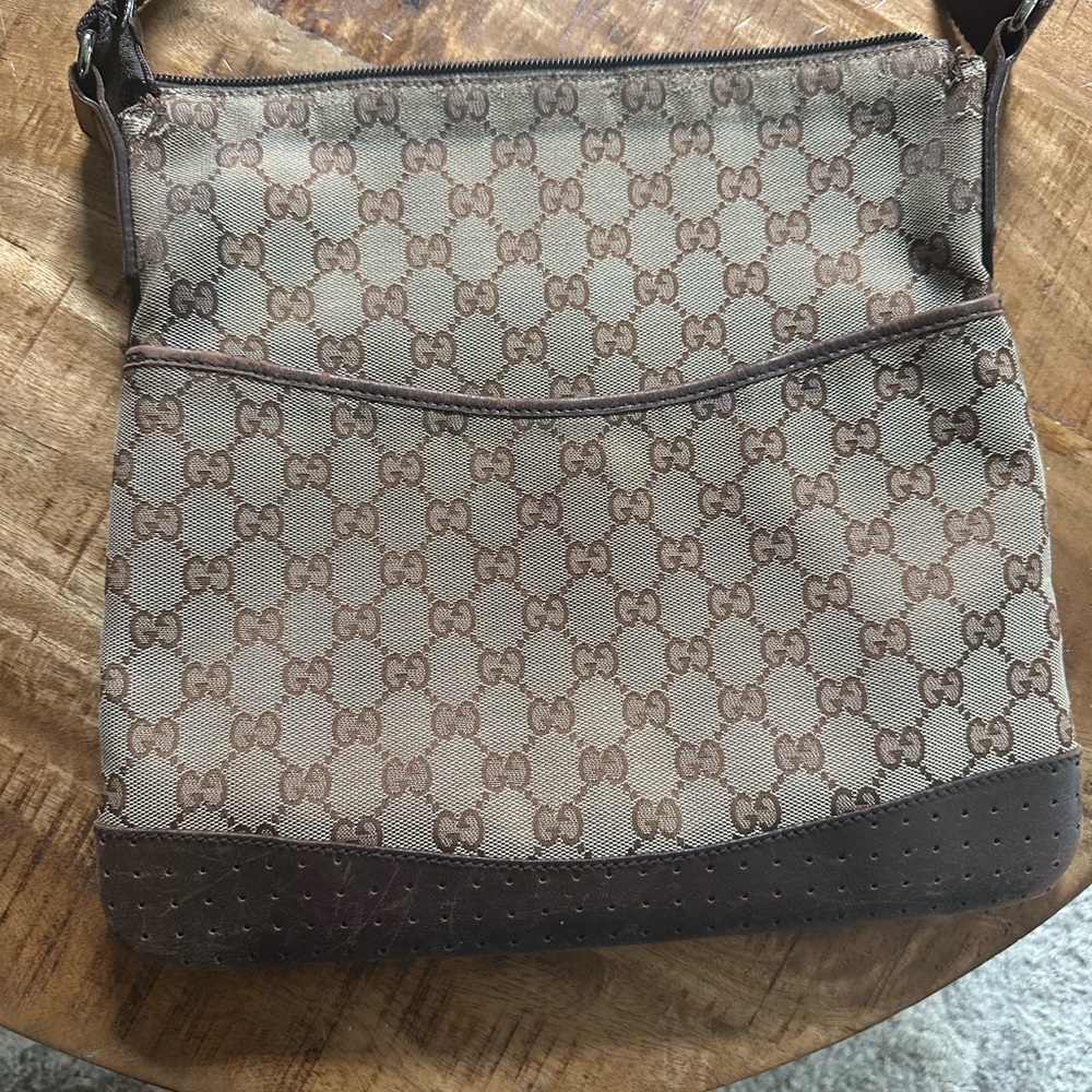 Gucci Brown Monogram Crossbody Bag with Leather Trim